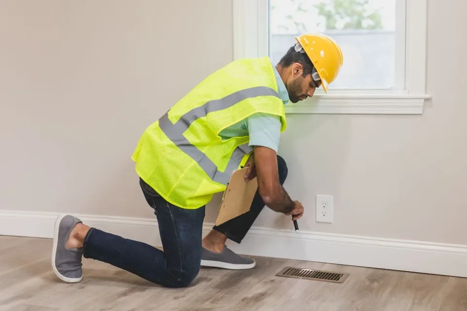 Pest Control Technician — Home Inspection — Pest Control Technician, Hard Hat, Safety Vest, Pest Control, Pest Control in Wa…